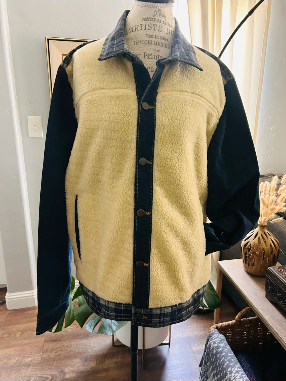 Men's Two-Tone Sherpa Shirt Jacket - Cream & Blue